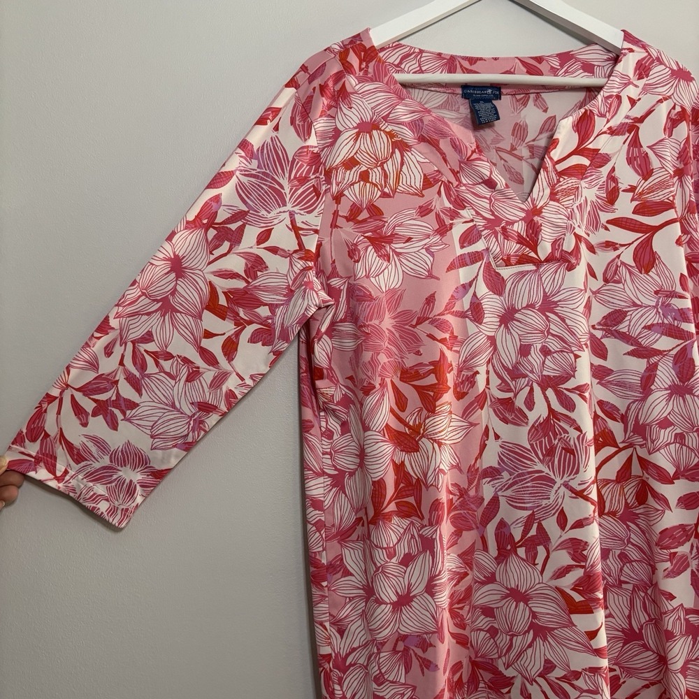 Caribbean Joe Pink Floral Dress XL 3/4 sleeve V neck knee length Hawaiian Resort - Picture 2 of 8